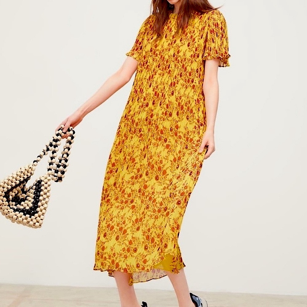 Zara Yellow Floral Pleated Maxi Dress Sz. Small